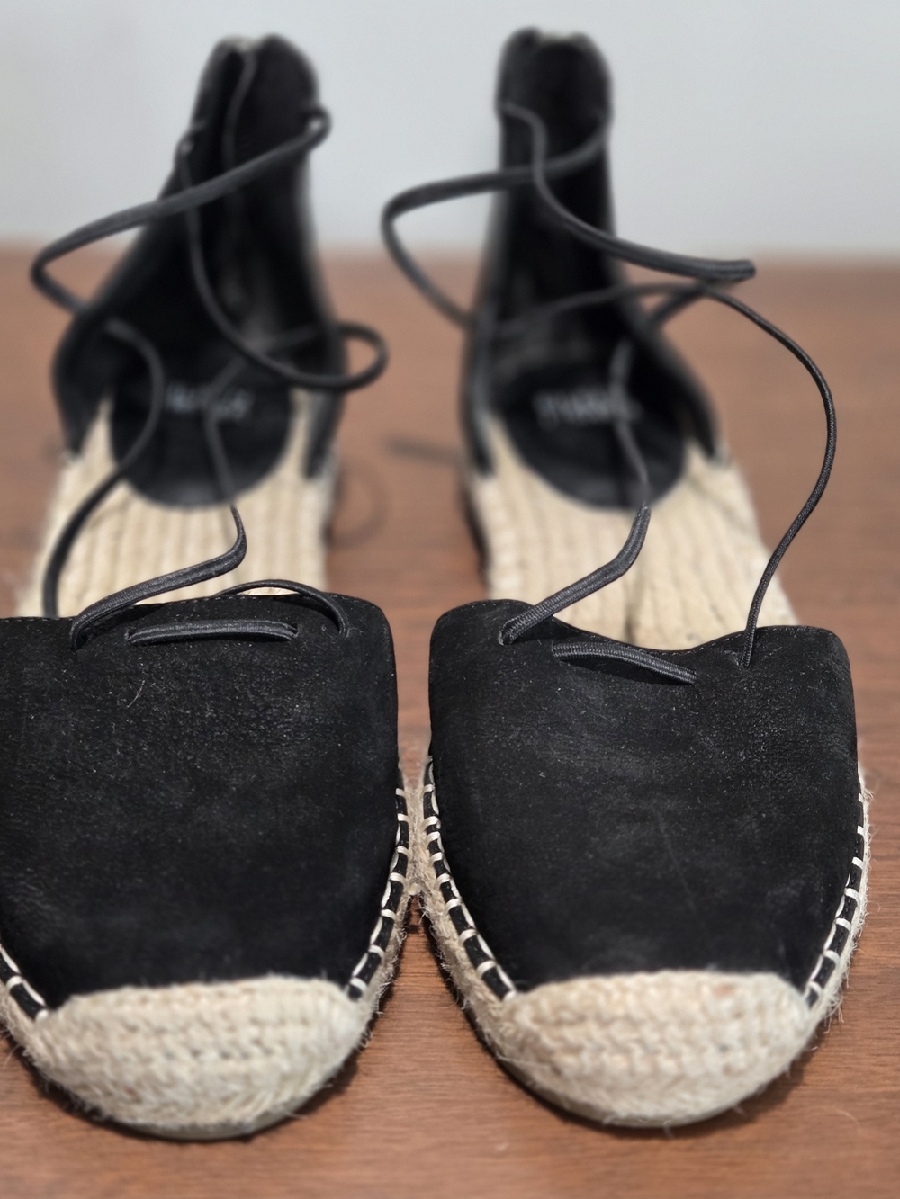 Eileen Fisher Black Suede Lace-Up Espadrilles with Jute Toe